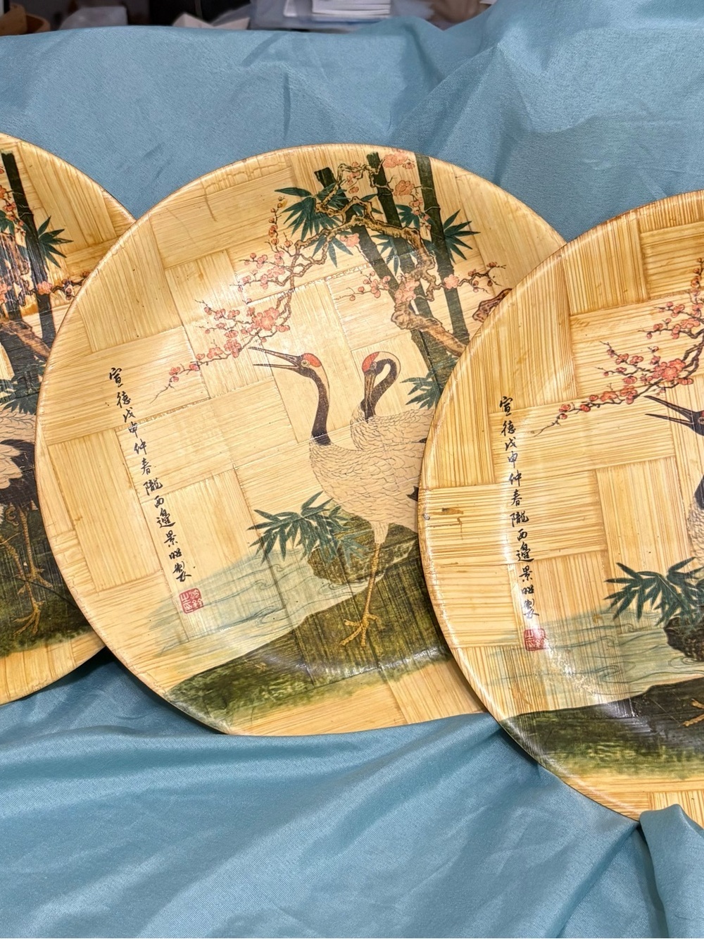 Vintage Bamboo Plate Specialist “Plume and Crane”  Collectible Plate set of 3